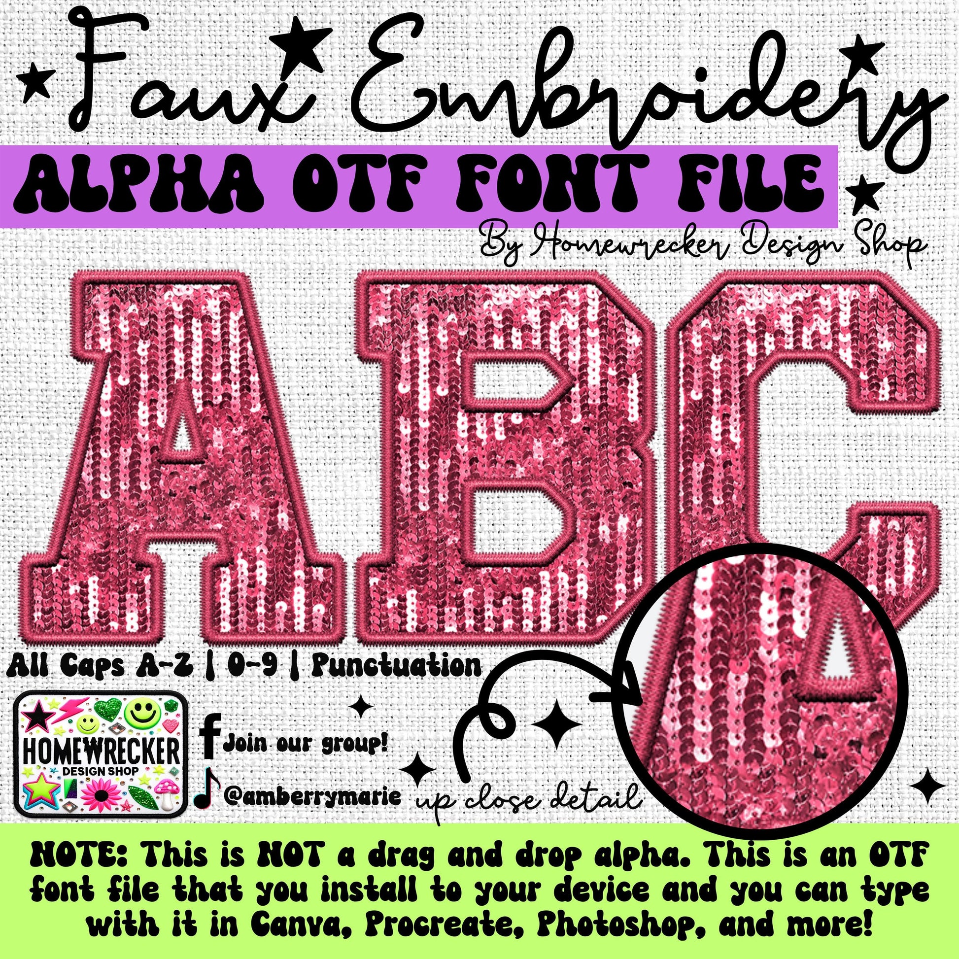 Pink Faux Sequins OTF Font, Faux Embroidery, Varsity Letter Style OTF Font Clipart Make your own designs Digital Download