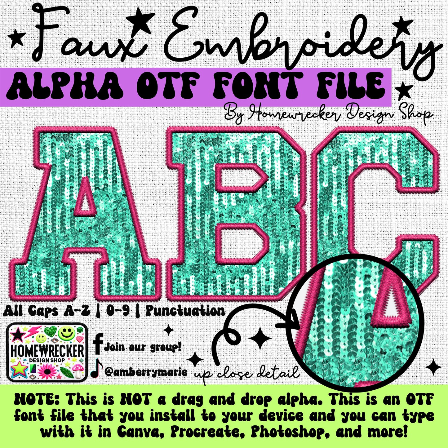 Pink and Mint Faux Sequins OTF Font, Faux Embroidery, Varsity Letter Style OTF Font Clipart Make your own designs Digital Download