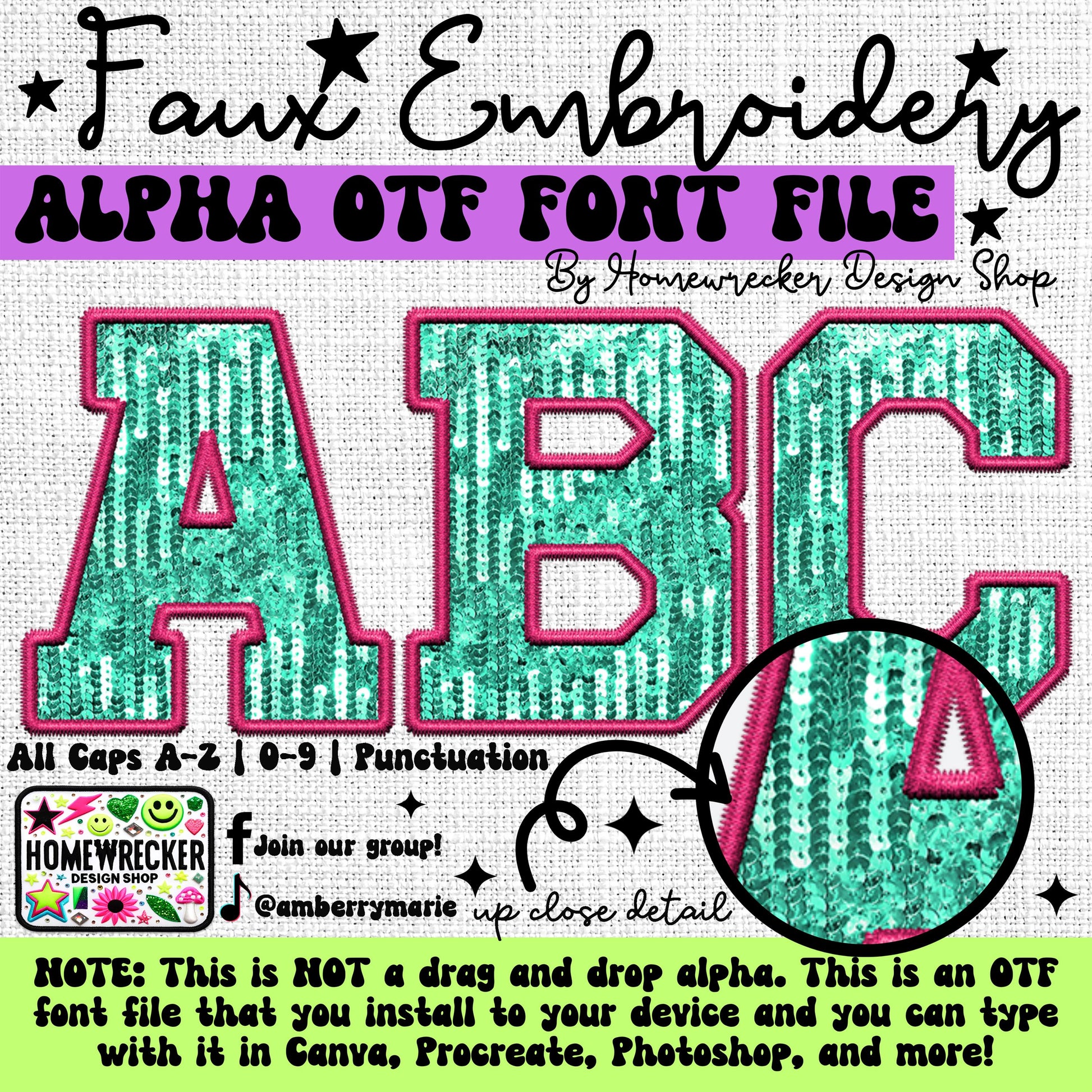 Pink and Mint Faux Sequins OTF Font, Faux Embroidery, Varsity Letter Style OTF Font Clipart Make your own designs Digital Download