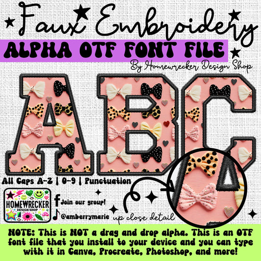 Bow Coquettes Pink OTF Font, Faux Embroidery, Valentines Day, Varsity Letter Style OTF Font Clipart Make your own designs Digital Download