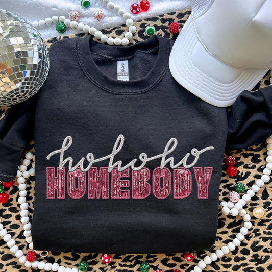 Ho Ho Ho Homebody | Pink Faux Sequin and White | PNG Faux Embroidery Faux Sequins digital Design Christmas PNG Holiday T-shirt Design