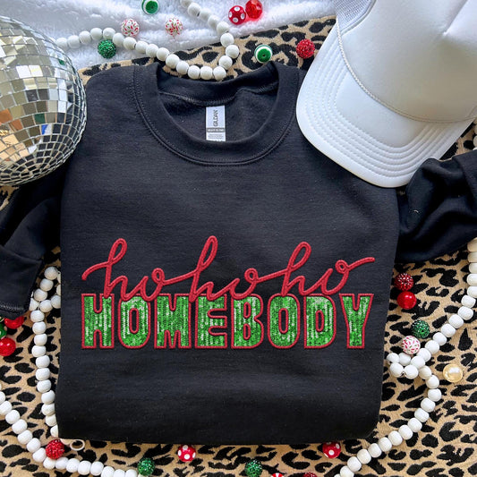 Ho Ho Ho Homebody | Green Faux Sequin and Red | PNG Faux Embroidery Faux Sequins digital Design Christmas PNG Holiday T-shirt Design