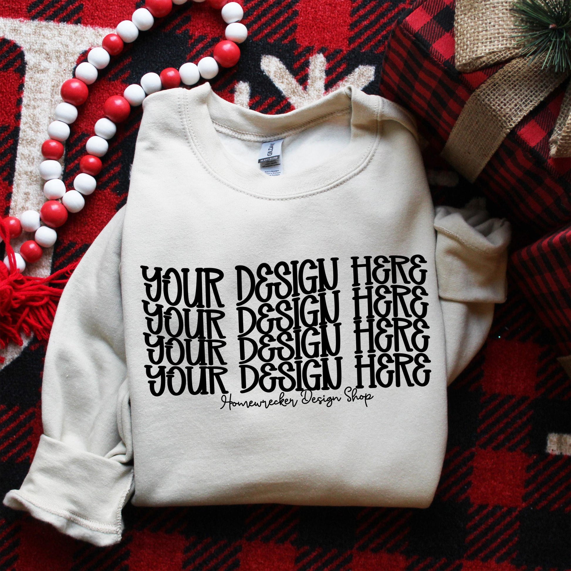 Gildan 18000 Sweatshirt Mockup, G18000 Sand, Buffalo Plaid Christmas, digital download