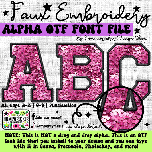 PINK Faux Sequins OTF Font, Faux Embroidery, Varsity Letter Style OTF Font Clipart Make your own designs Digital Download