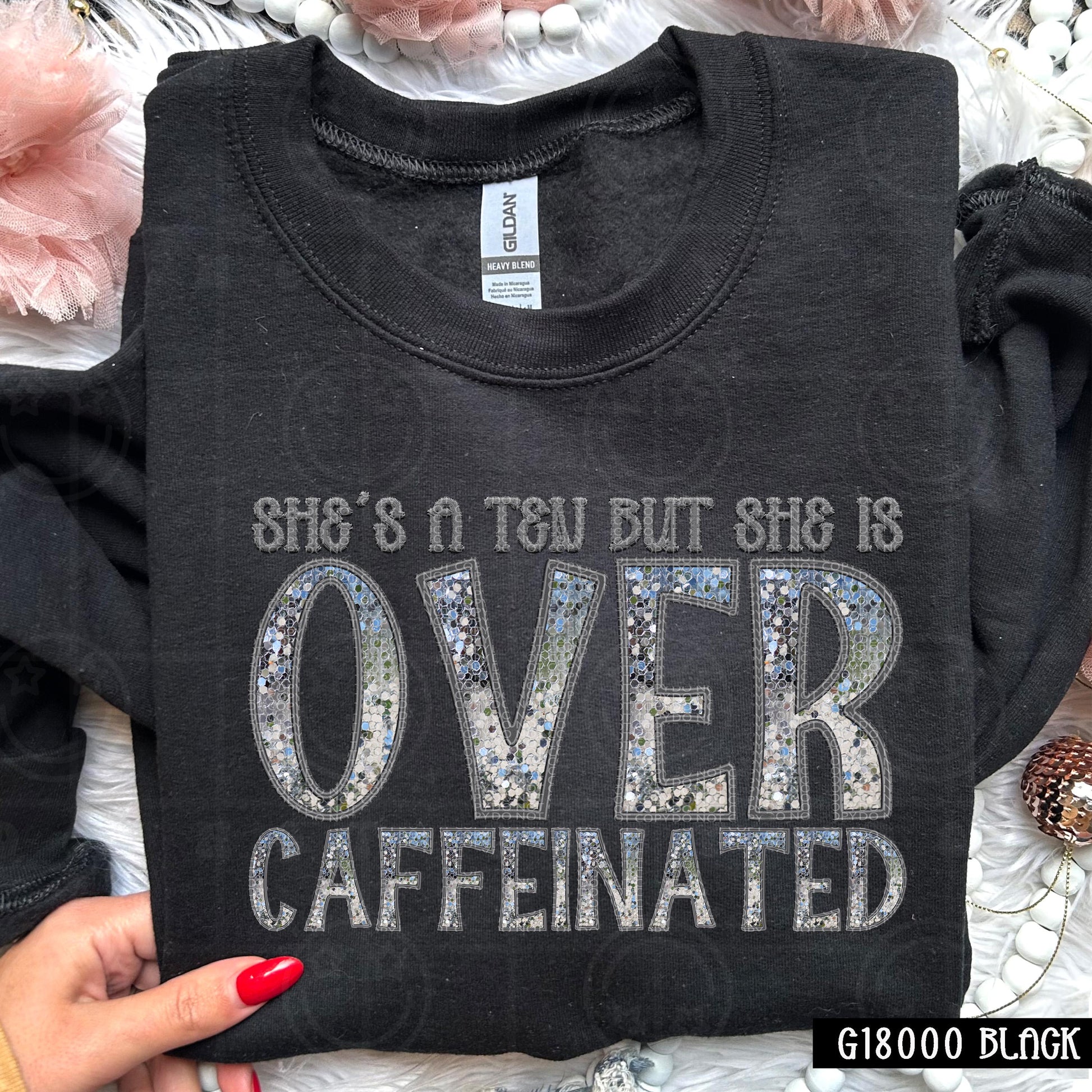 Shes a ten but she is over caffeinated, faux embroidery digital design PNG