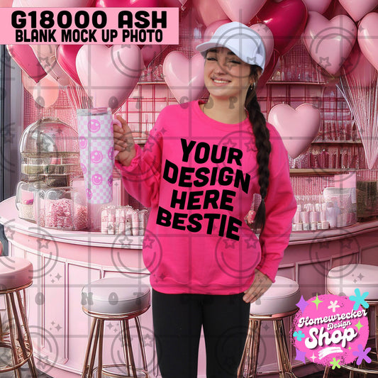 Valentines day model mock up, G18000 Heliconia, pink Sweatshirt mock up, candy shop hart balloons, digital download