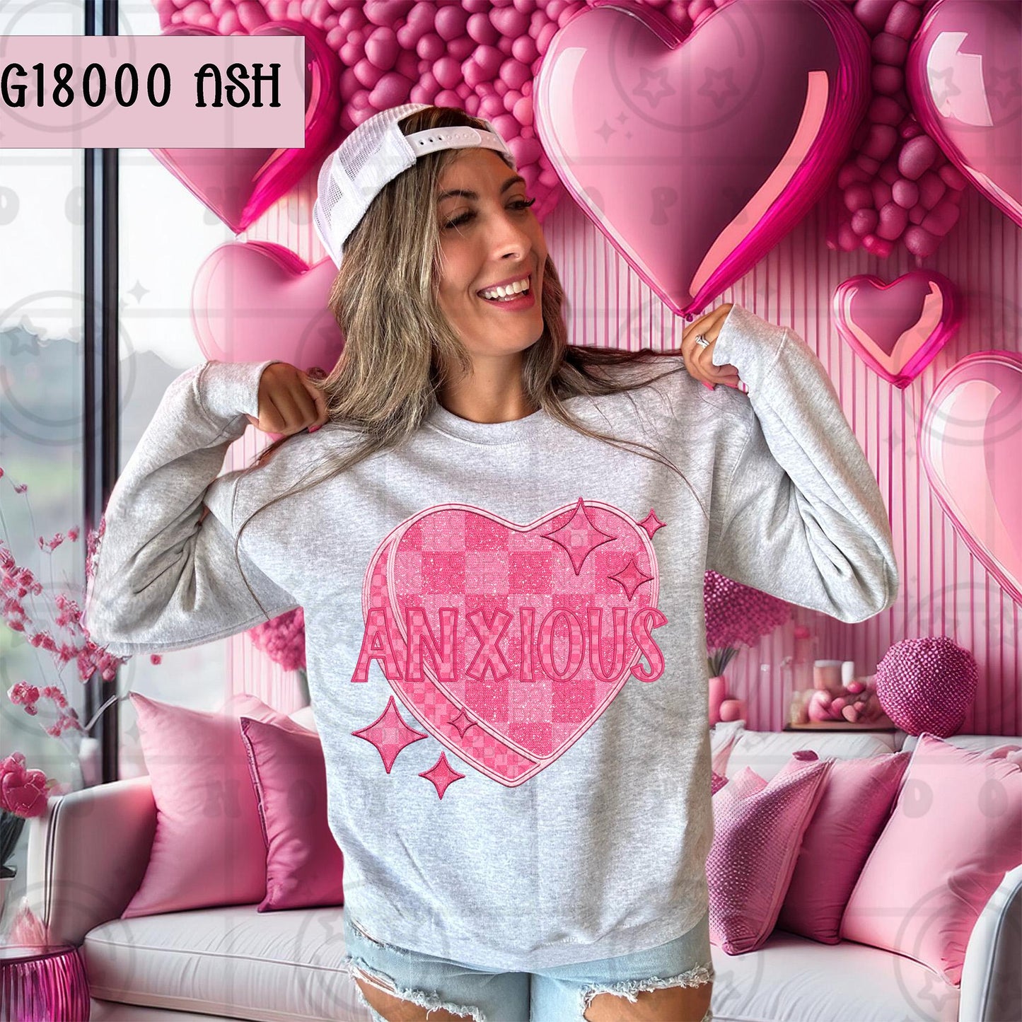 ANXIOUS | Checkered Retro Heart Design, Faux Embroidery, PNG design, digital Download for DTF printing, Sublimation, Shirt Design