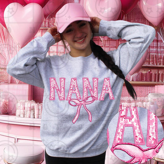 NANA | Checkered Retro Coquette Bow Design, Faux Embroidery, PNG design, digital Download for DTF printing, Sublimation Shirt Design