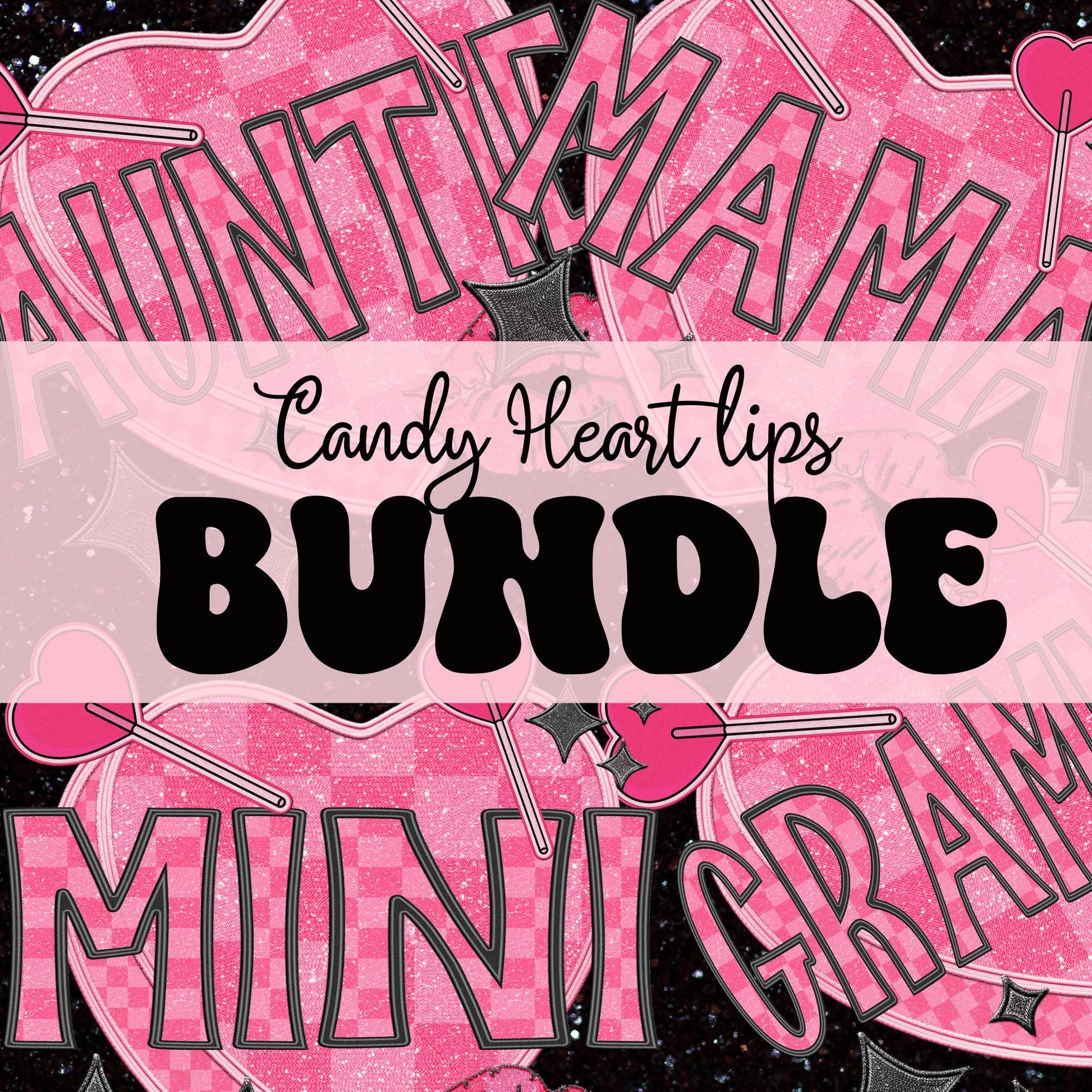 Checkered Candy Heart Lips Name PNG BUNDLE | Faux Embroidery Detailed Designs | PNG Google drive bundle