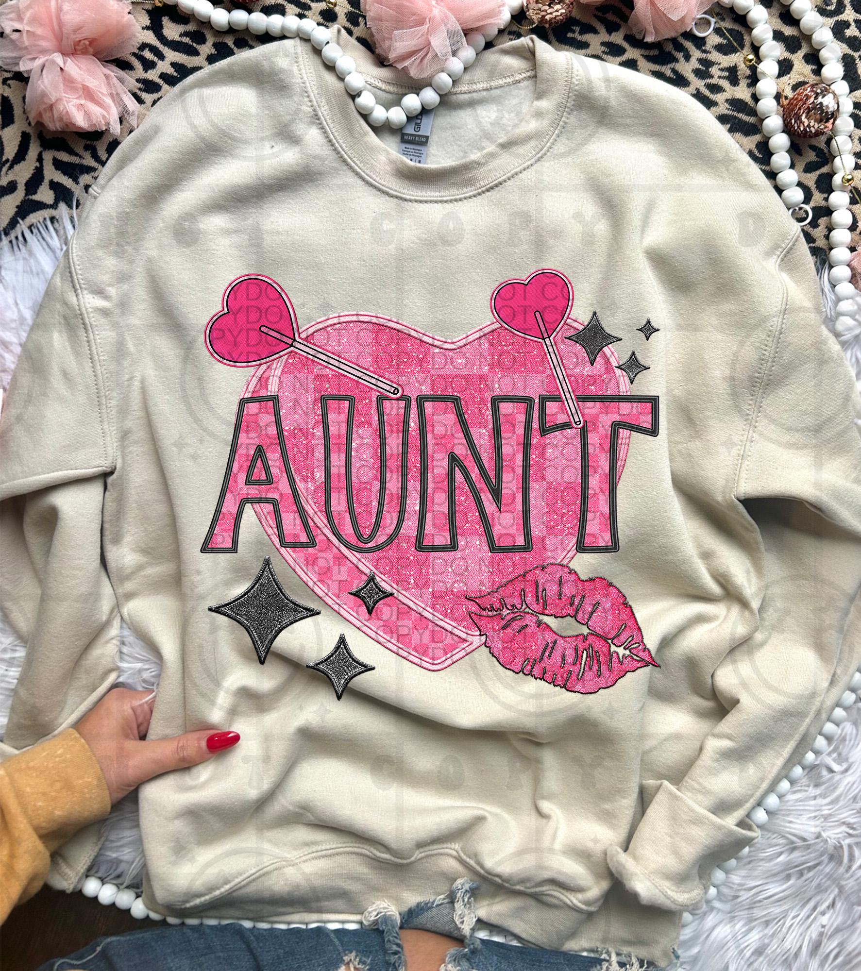 AUNT| family names | Checkered Candy Heart Lips Name PNG | Faux Embroidery Detailed Design| Valentine's Day | PNG Google drive bundle