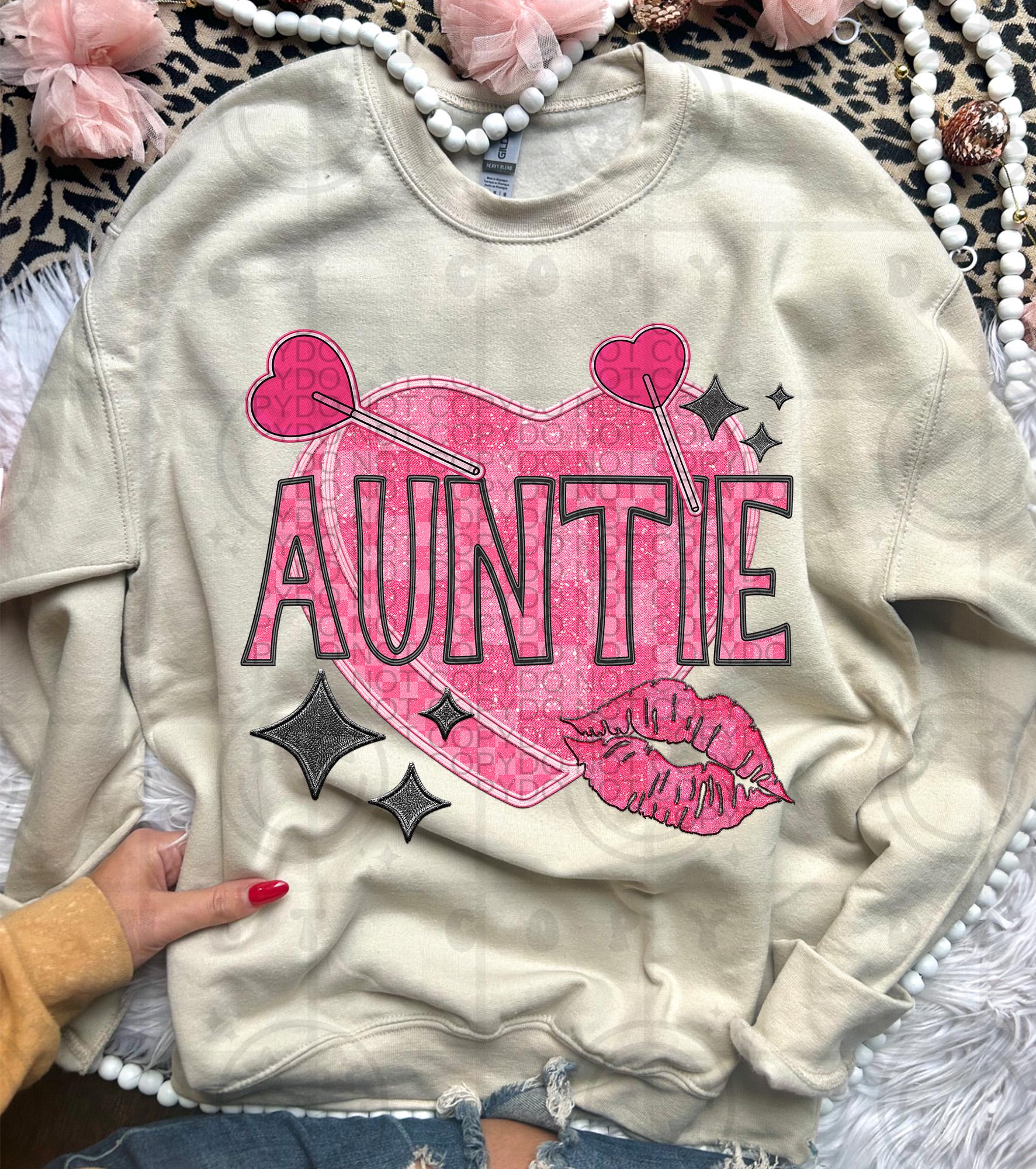 AUNTIE | family names | Checkered Candy Heart Lips Name PNG | Faux Embroidery Detailed Design| Valentine's Day | PNG Google drive bundle