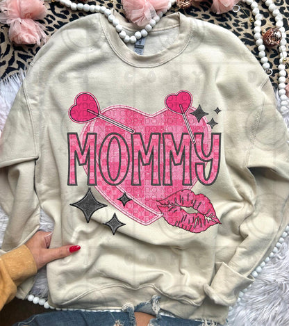 MOMMY | Checkered Candy Heart Lips Name png | Faux Embroidery Detailed Design| Valentine's Day | png download