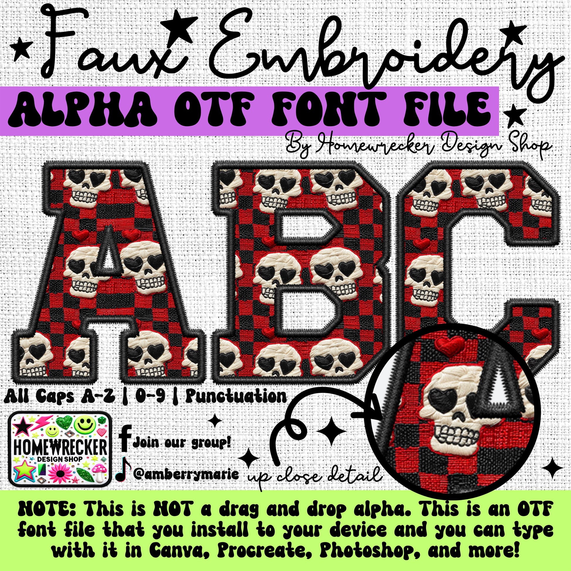 Black Stitch Skull Valentines Day OTF Font, Faux Embroidery, Varsity Letter Style OTF Font Clipart Make your own designs Digital Download