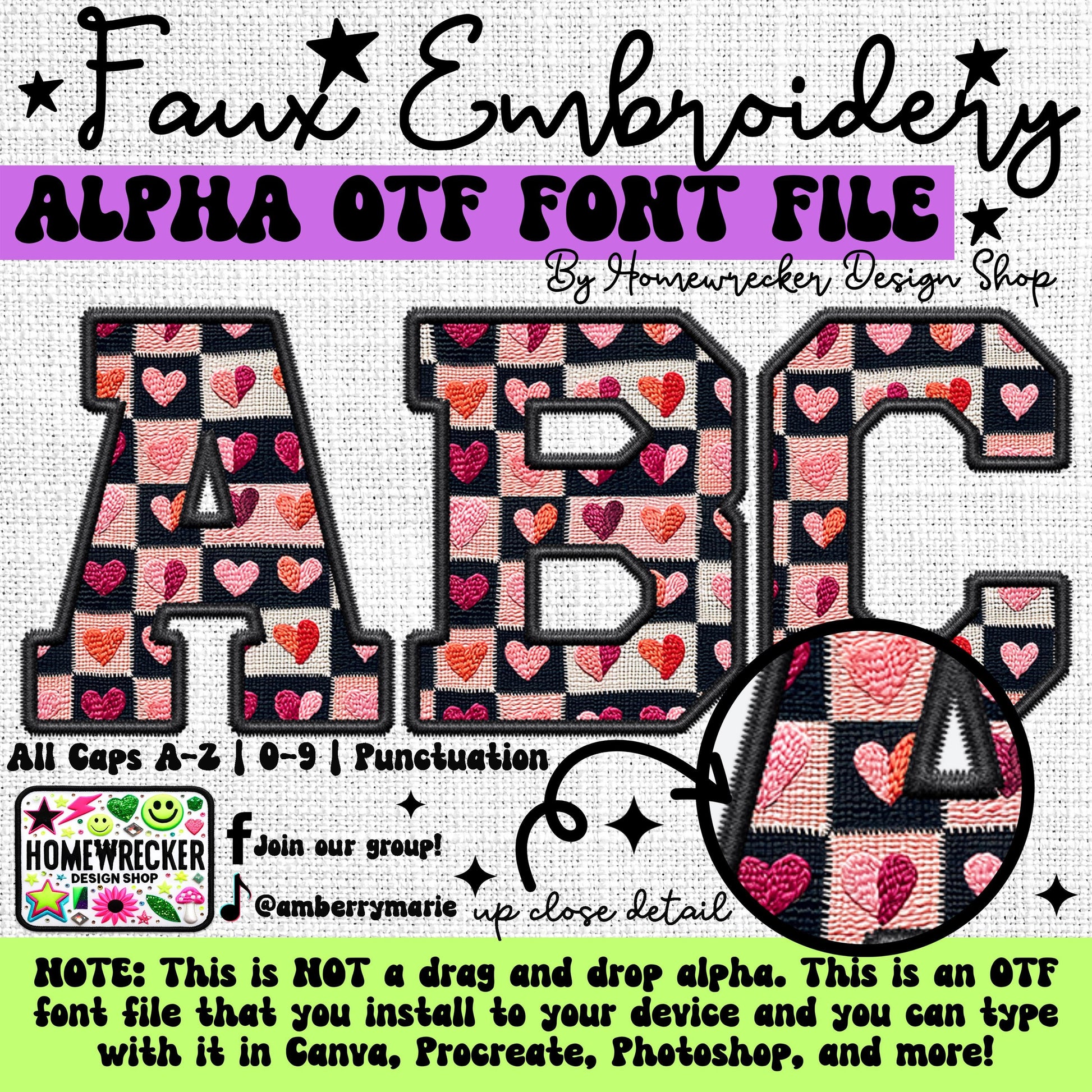 Quilted Hearts Valentines Day OTF Font, Faux Embroidery, Varsity Letter Style OTF Font Clipart Make your own designs Digital Download