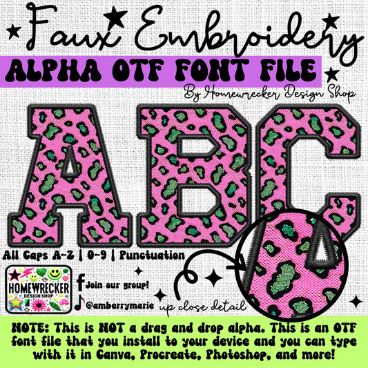 Pink Leopard Print OTF Font, Faux Embroidery, Varsity Letter Style OTF Font Clipart Make your own designs Digital Download