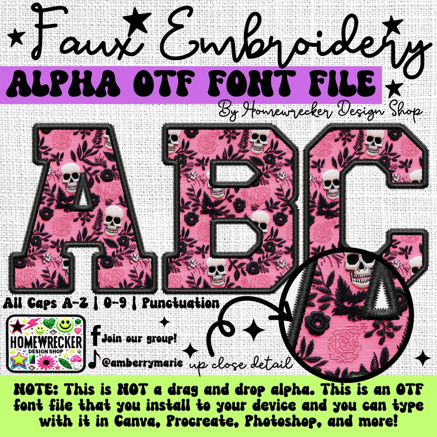 Pink Lace Flower Skull Faux Sequins OTF Font, Faux Embroidery, Varsity Letter Style OTF Font Clipart Make your own designs Digital Download