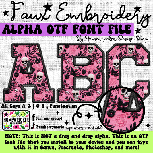 Pink Lace Flower Skull Faux Sequins OTF Font, Faux Embroidery, Varsity Letter Style OTF Font Clipart Make your own designs Digital Download