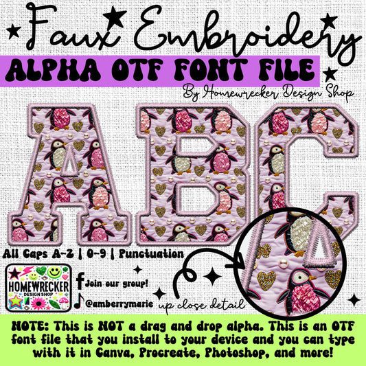 Penguin Hearts OTF Font, Faux Embroidery, Valentines Day, Varsity Letter Style OTF Font Clipart Make your own designs Digital Download