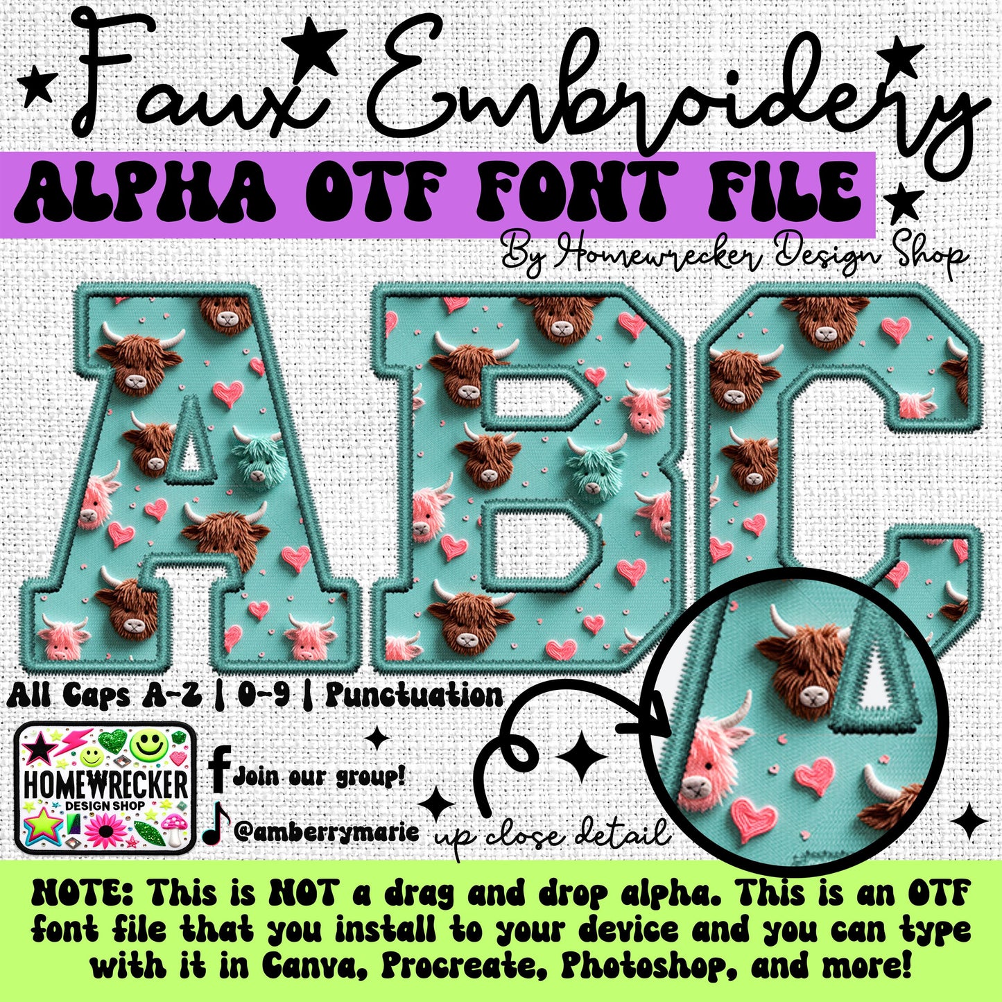 Highland Cow Hearts Teal OTF Font, Faux Embroidery, Varsity Letter Style OTF Font Clipart Make your own designs Digital Download