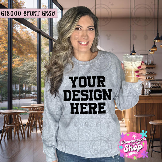 Minimalist sweatshirt mock up Gildan Sport Grey Crewneck sweatshirt Coffee Shop themed photo sweatshirt mockup model mock up g18000