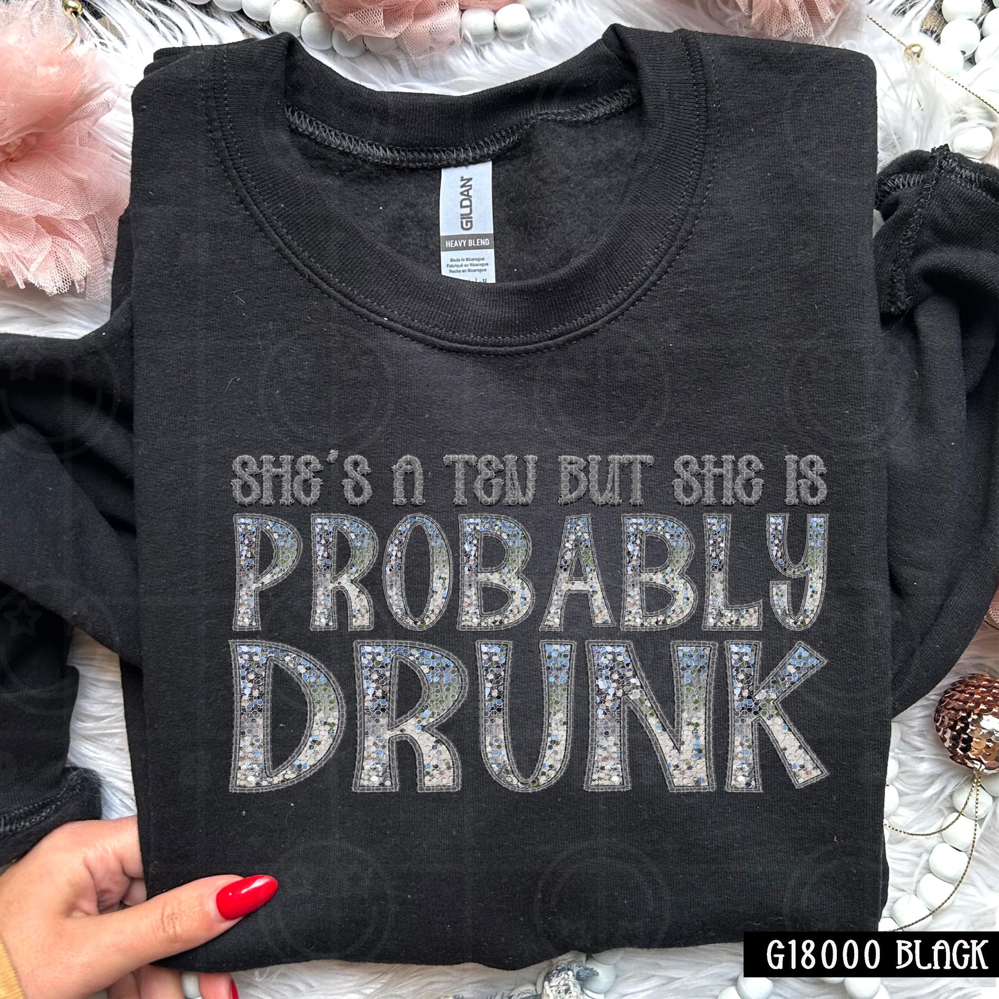 Shes a ten but she is probably drunk, faux embroidery digital design PNG