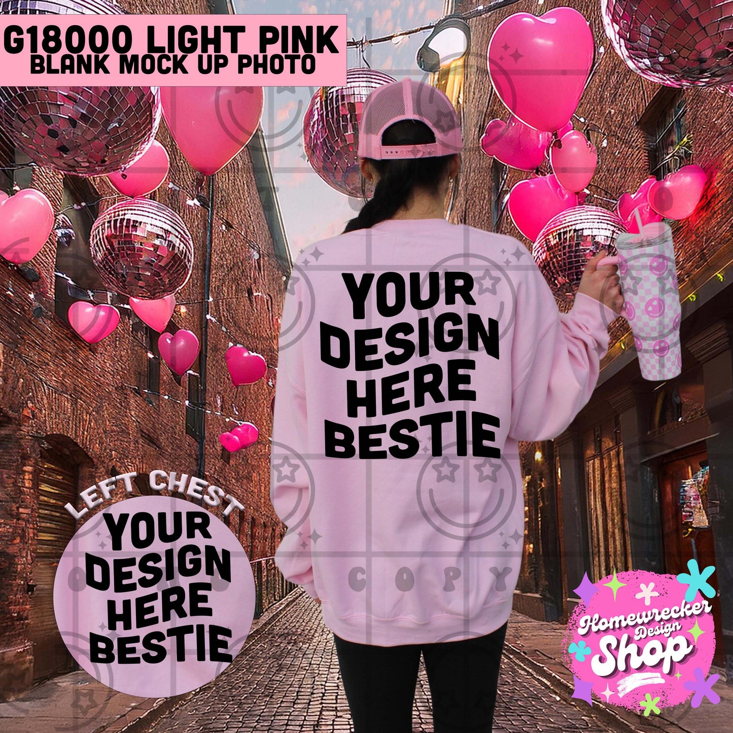 Back of sweat shirt mock up, Valentines day model mock up, G18000 light pink, pink Sweatshirt mock up, pink heart balloons, digital download