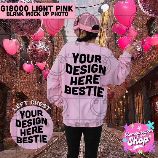 Back of sweat shirt mock up, Valentines day model mock up, G18000 light pink, pink Sweatshirt mock up, pink heart balloons, digital download