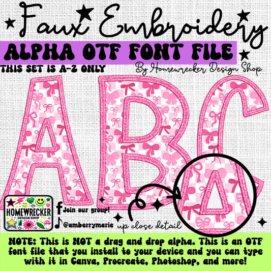 Pink Coquette Bow Shimmery Alpha, Faux Embroidery, OTF Font File | Clipart Make your own designs Download