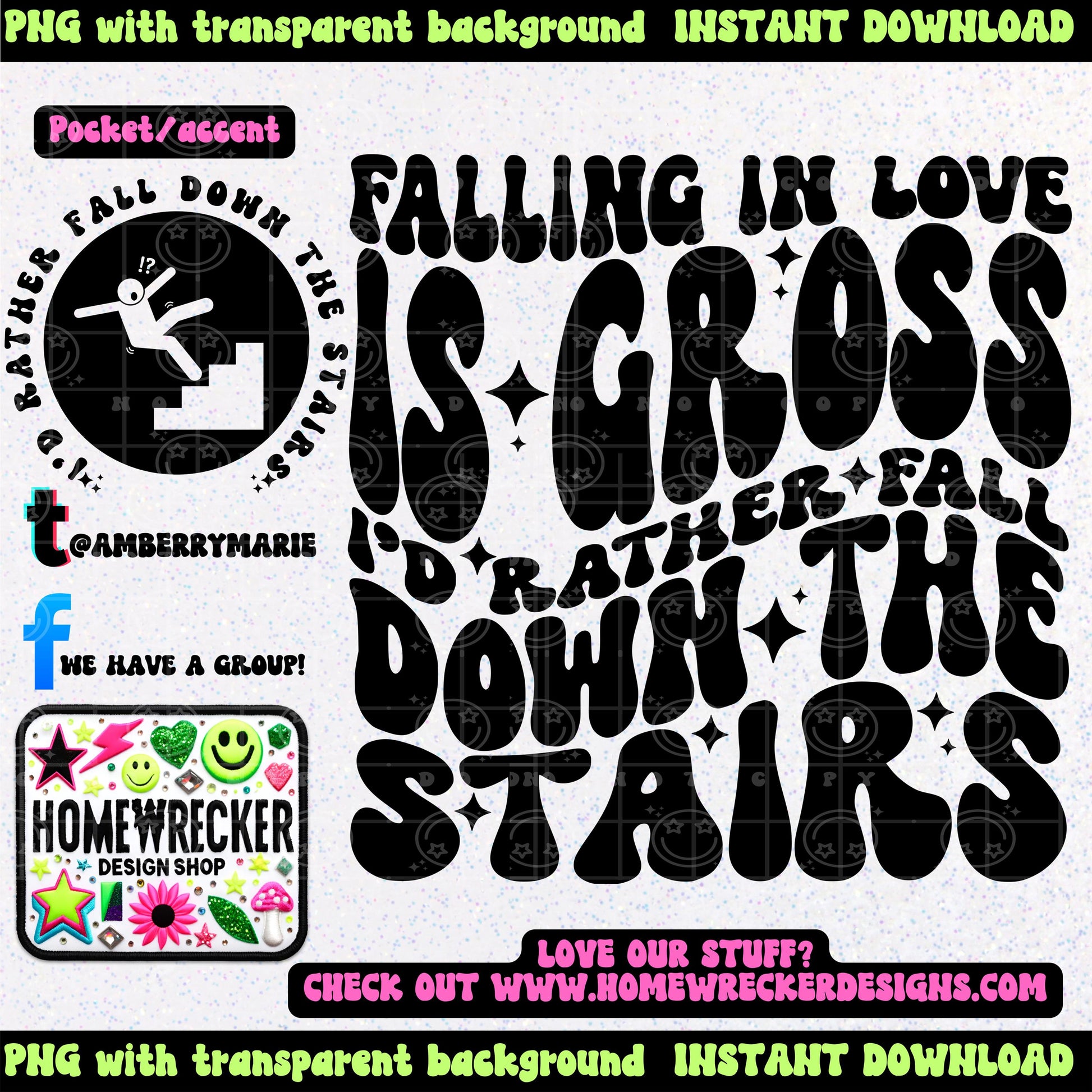 Falling in love is gross I'd rather fall down the stairs | Wavy Design, Front Pocket, Snarky PNG