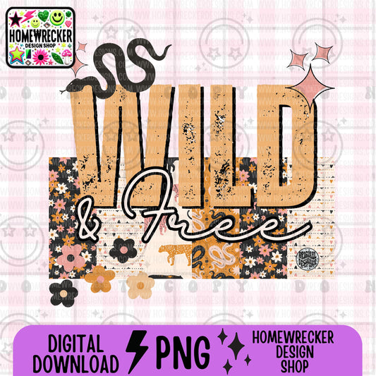 Wild and Free PNG Digital Download | Western Boho Patchwork Sublimation | Grunge Distressed Text | Retro Snake Floral PNG for T-Shirts