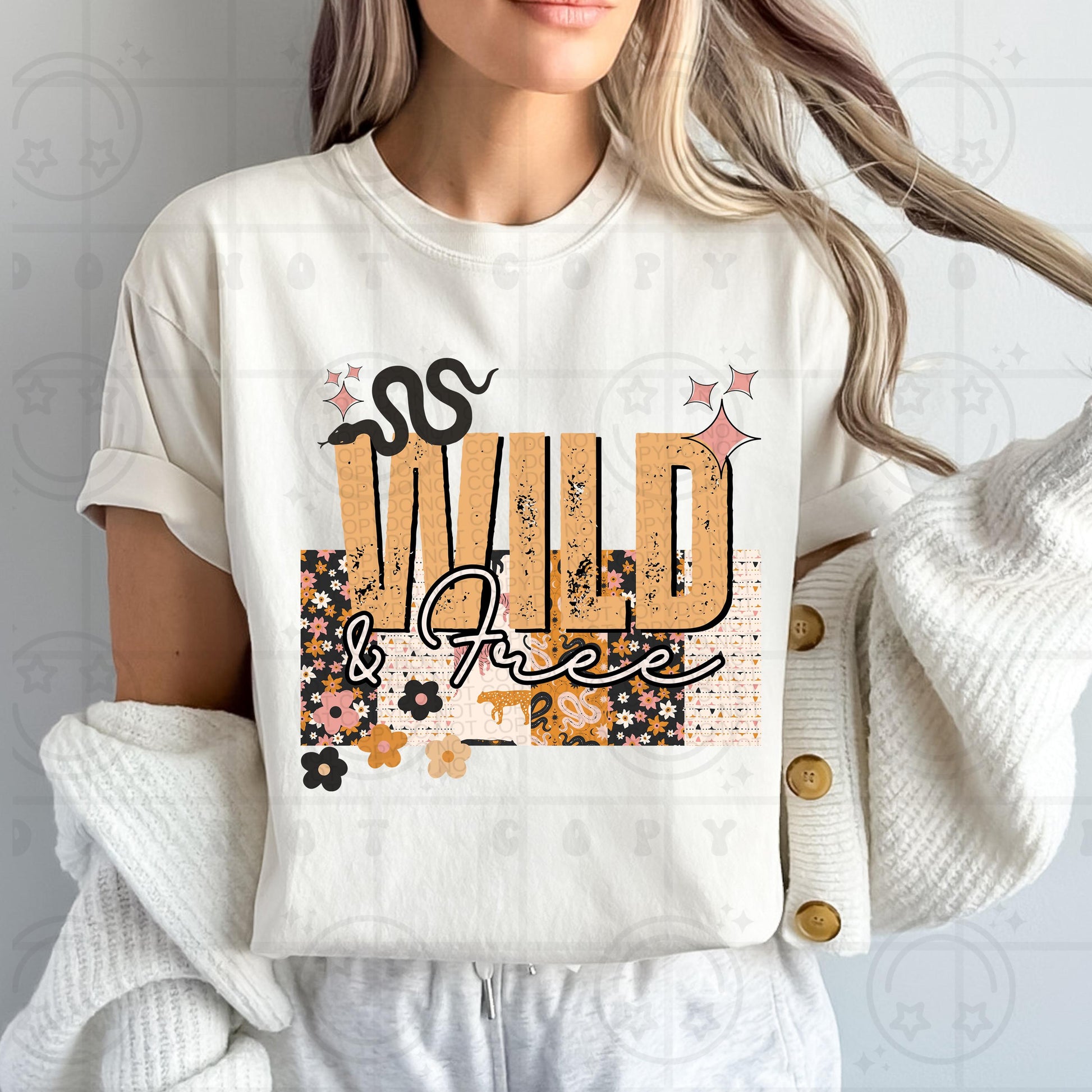 Wild and Free PNG Digital Download | Western Boho Patchwork Sublimation | Grunge Distressed Text | Retro Snake Floral PNG for T-Shirts