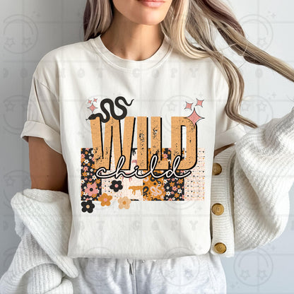Wild Child PNG Digital Download | Western Boho Patchwork Sublimation | Grunge Distressed Text | Retro Snake Floral PNG for T-Shirts