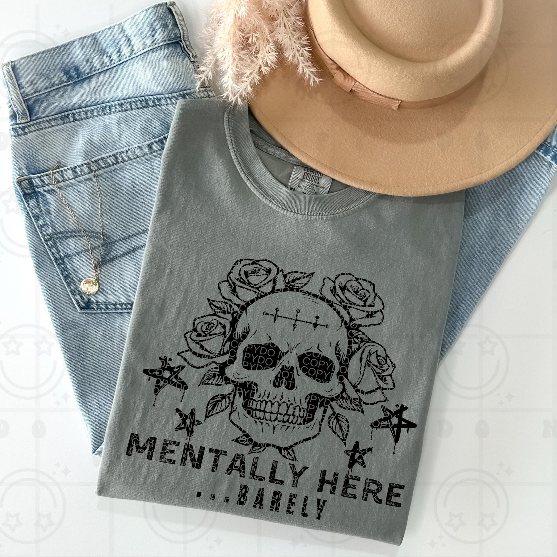 Mentally Here Barely PNG Digital Download | Grungy Distressed, Skeleton Roses, Digital design for sublimation, tshirts, DTF transfers