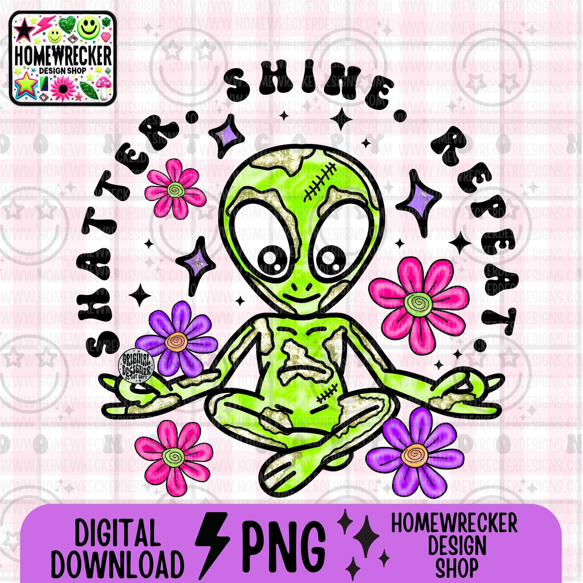 Shatter shine repeat, Alien Meditating, spring flowers, gold foil geode, transparent png for shirts, dtf sublimation digital download