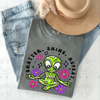 Shatter shine repeat, Alien Meditating, spring flowers, gold foil geode, transparent png for shirts, dtf sublimation digital download