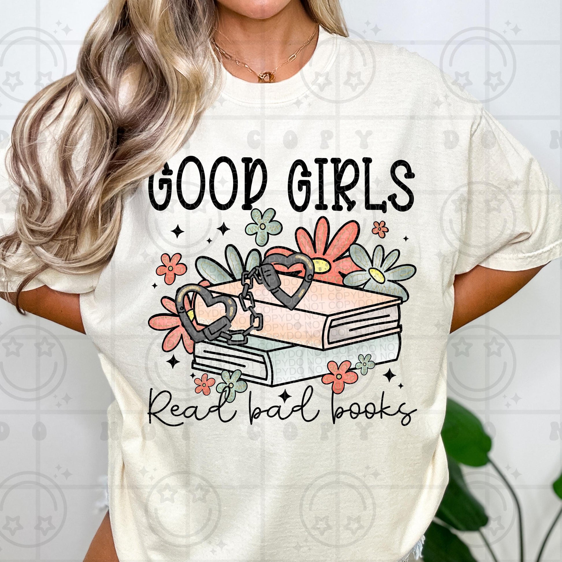Good girls read bad books, spring daisy florals, neutral colors, water color, bookish reading, transparent png, sublimation digital download