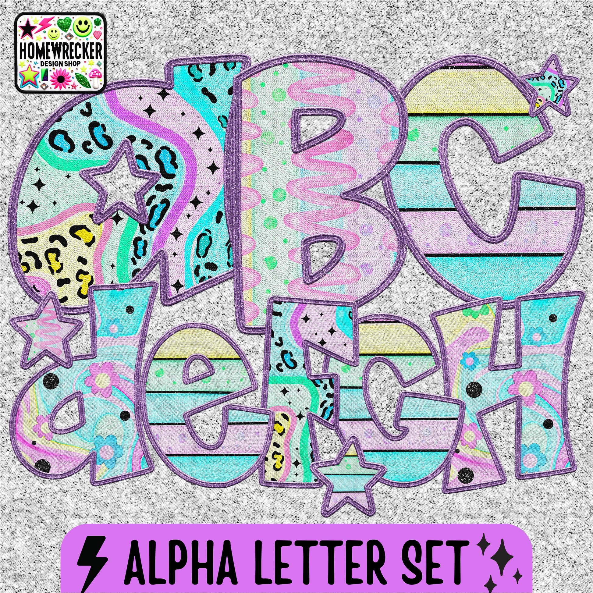 Pastel Leopard Print Swirl Themed Alpha Set | Faux Embroidery Alpha | individual letter files PNGs for DIY digital designs