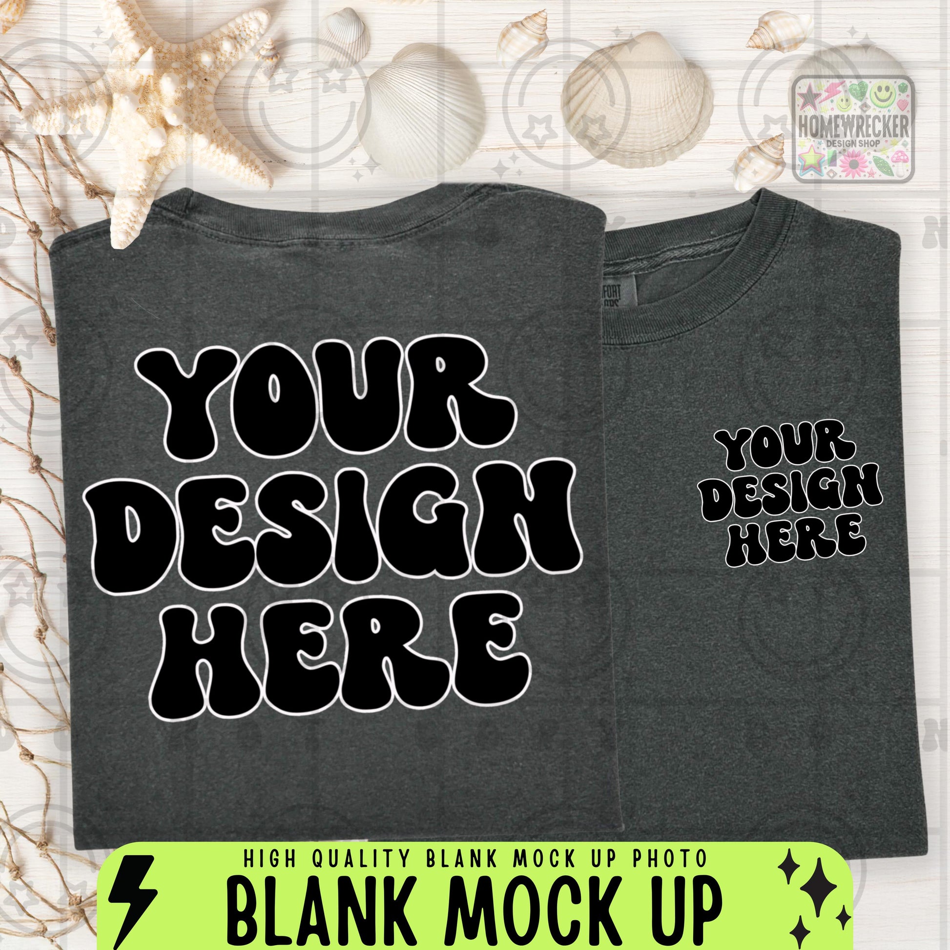 Comfort Colors Mockup, CC1717, flat lay mock up photograph, front and back, beach themed, summer, seashells, beachy, product photo, Pepper