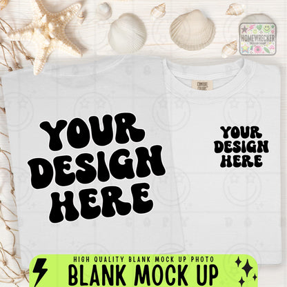 Comfort Colors Mockup, CC1717, flat lay mock up photograph, front and back, beach themed, summer, seashells, beachy, product photo, White