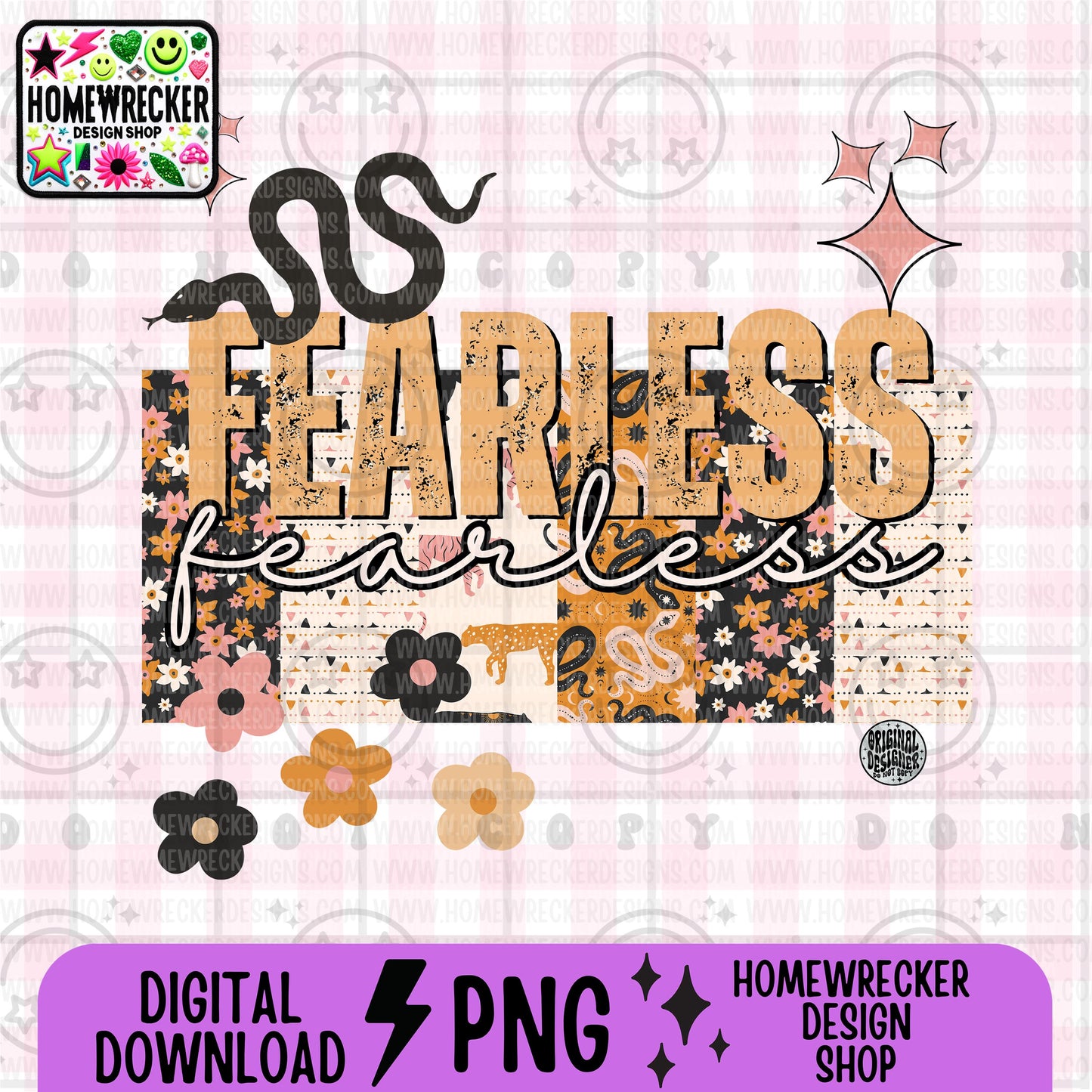 Fearless PNG Digital Download | Western Boho Patchwork Sublimation | Grunge Distressed Text | Retro Snake Floral PNG for T-Shirts