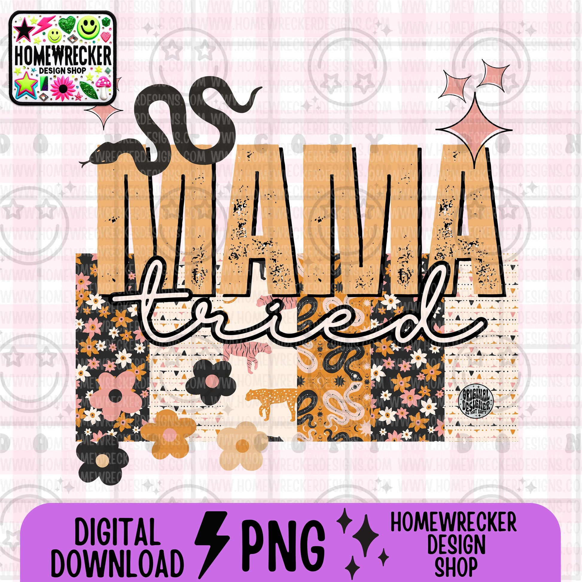 Mama tried PNG Digital Download | Western Boho Patchwork Sublimation | Grunge Distressed Text | Retro Snake Floral PNG for T-Shirts