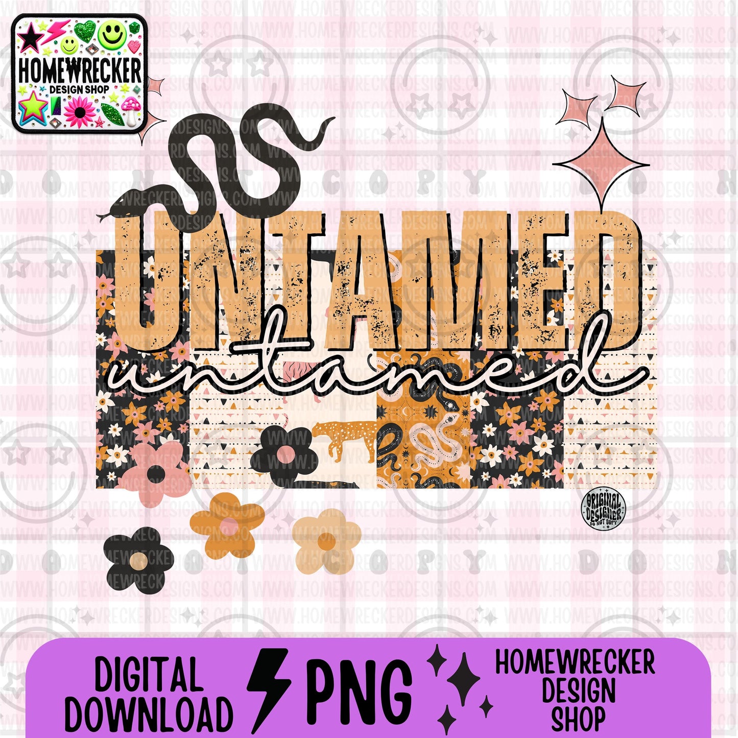 Untamed PNG Digital Download | Western Boho Patchwork Sublimation | Grunge Distressed Text | Retro Snake Floral PNG for T-Shirts