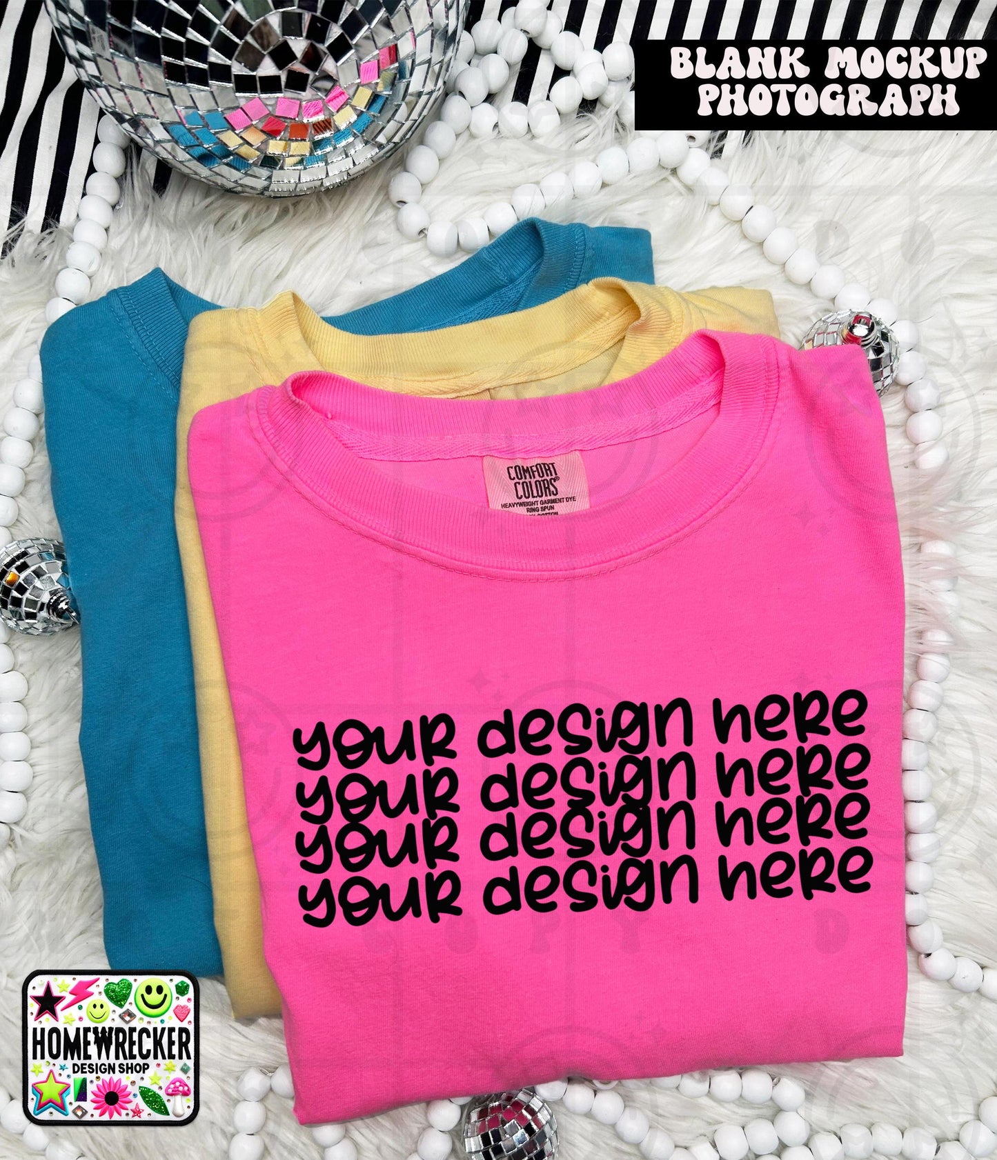 Comfort Colors blank Tshirt Mock Up Photo, Neon Pink, CC1717 Tshirt, Styled Flat Lay, Product, disco balls, Digital Download