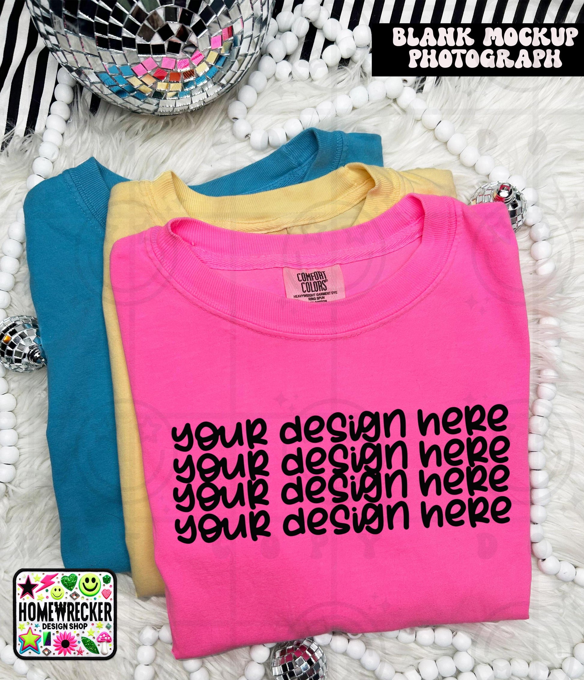 Comfort Colors blank Tshirt Mock Up Photo, Neon Pink, CC1717 Tshirt, Styled Flat Lay, Product, disco balls, Digital Download