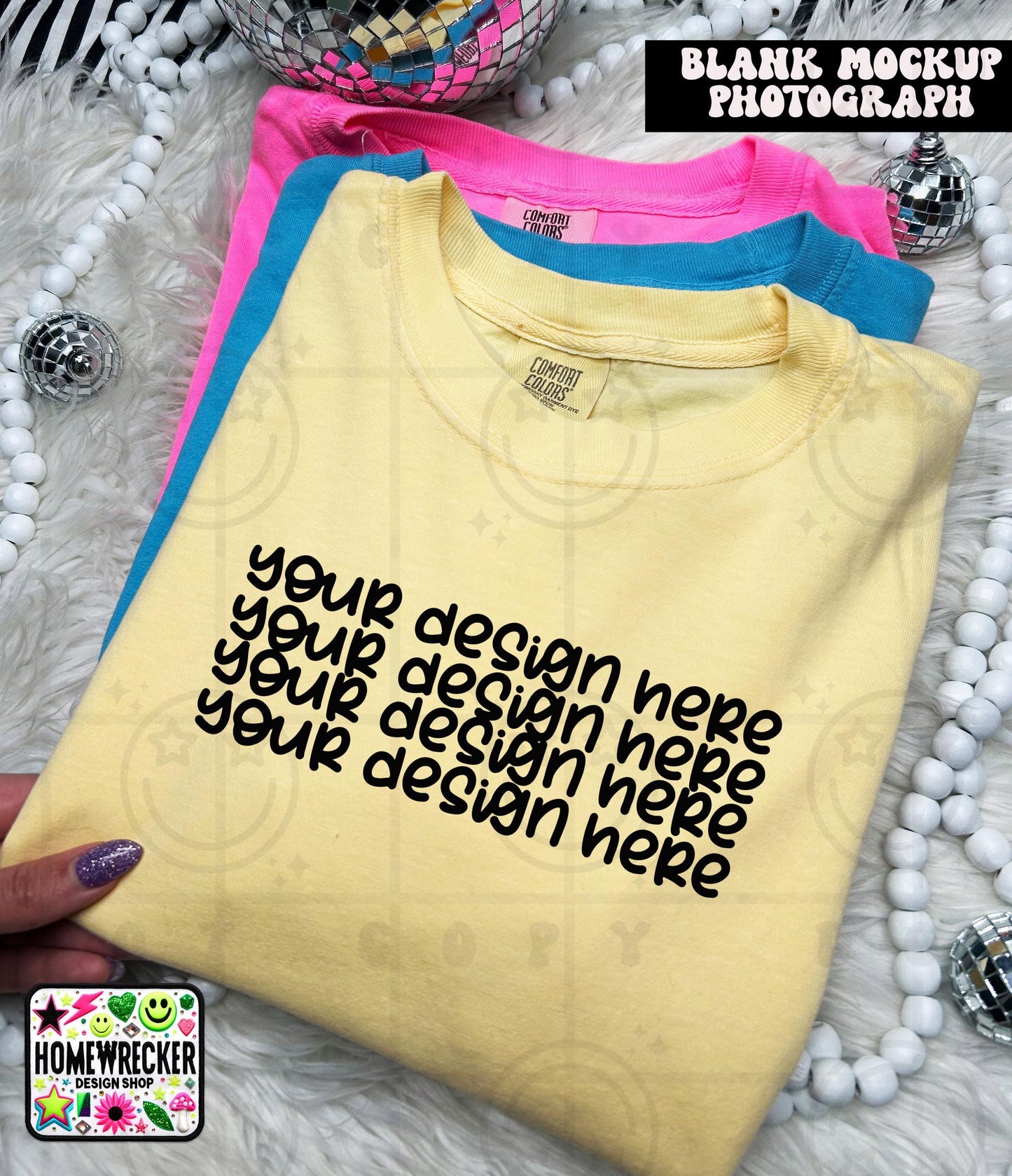 Comfort Colors blank Tshirt Mock Up Photo, Butter, CC1717 Tshirt, Styled Flat Lay, Product, disco balls, point of view, Digital Download