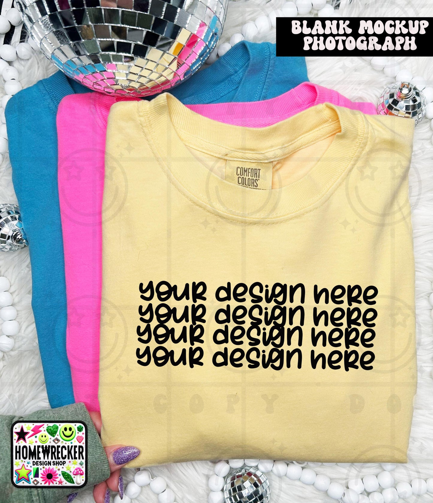 Comfort Colors blank Tshirt Mock Up Photo, Butter, CC1717 Tshirt, Styled Flat Lay, Product, disco balls, point of view, Digital Download