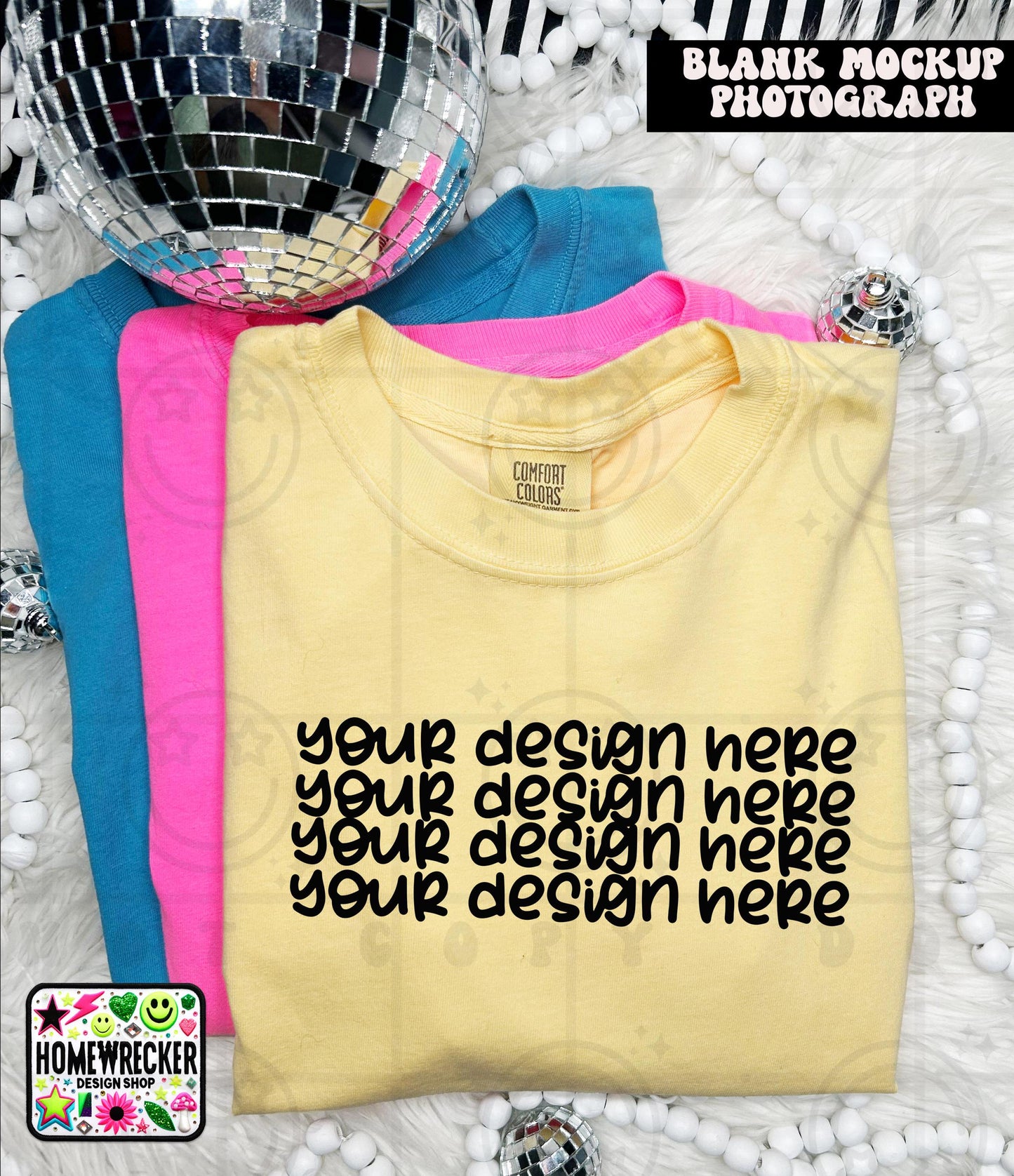 Comfort Colors blank Tshirt Mock Up Photo, Butter, CC1717 Tshirt, Styled Flat Lay, Product, disco balls, Digital Download