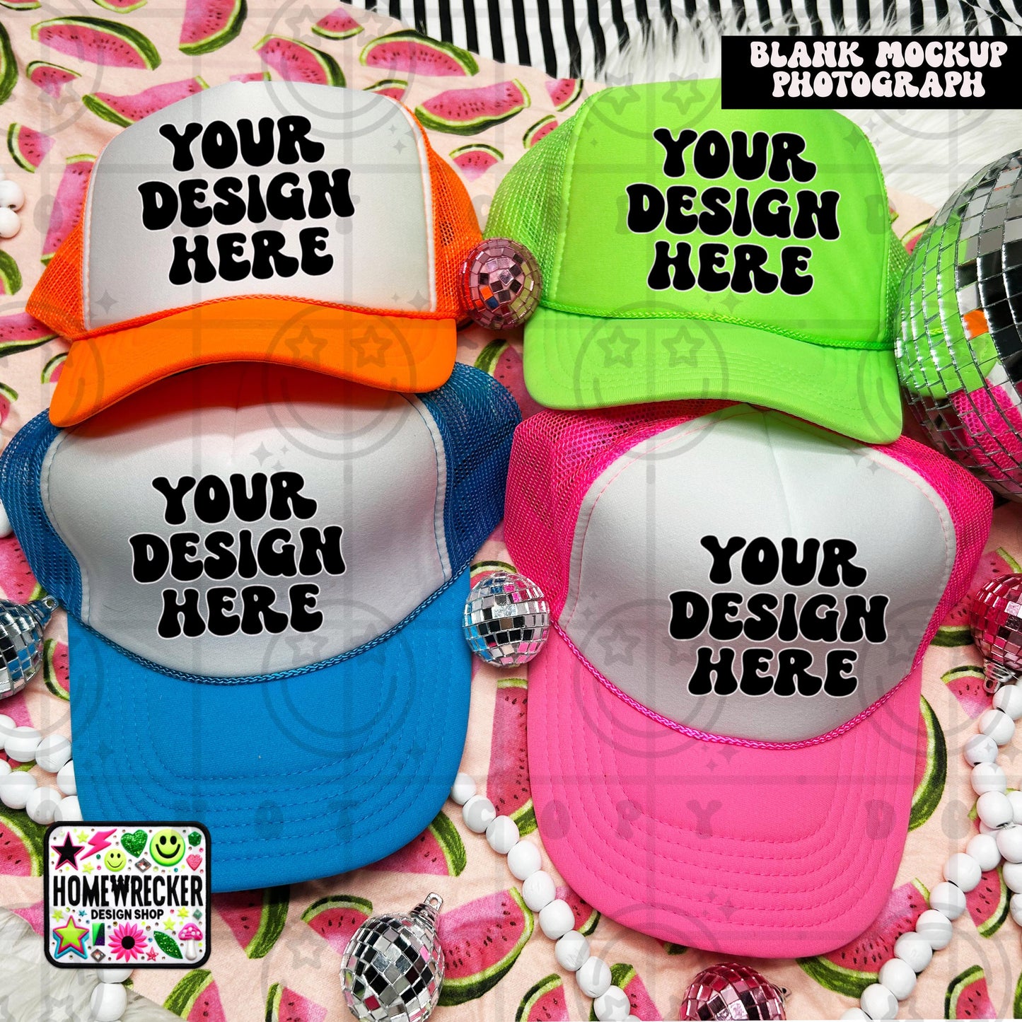 Otto Trucker Hat Mockup, mulitple hats, neon, summer, watermelon, product photo, digital design, blank hat mock up photo, digital download