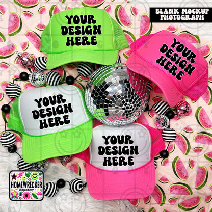 Otto Trucker Hat Mockup, mulitple hats, neon, summer, watermelon, product photo, digital design, blank hat mock up photo, digital download