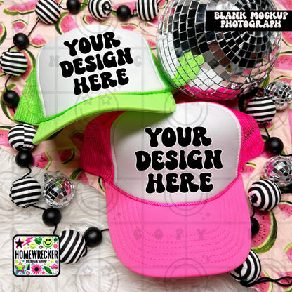 Otto Trucker Hat Mockup, mulitple hats, neon, summer, watermelon, product photo, digital design, blank hat mock up photo, digital download